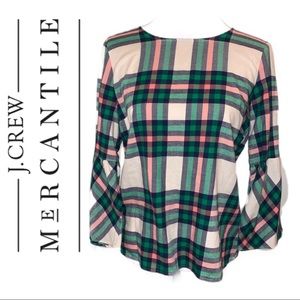 J Crew Pink and Green Plaid Top with Bell Sleeves